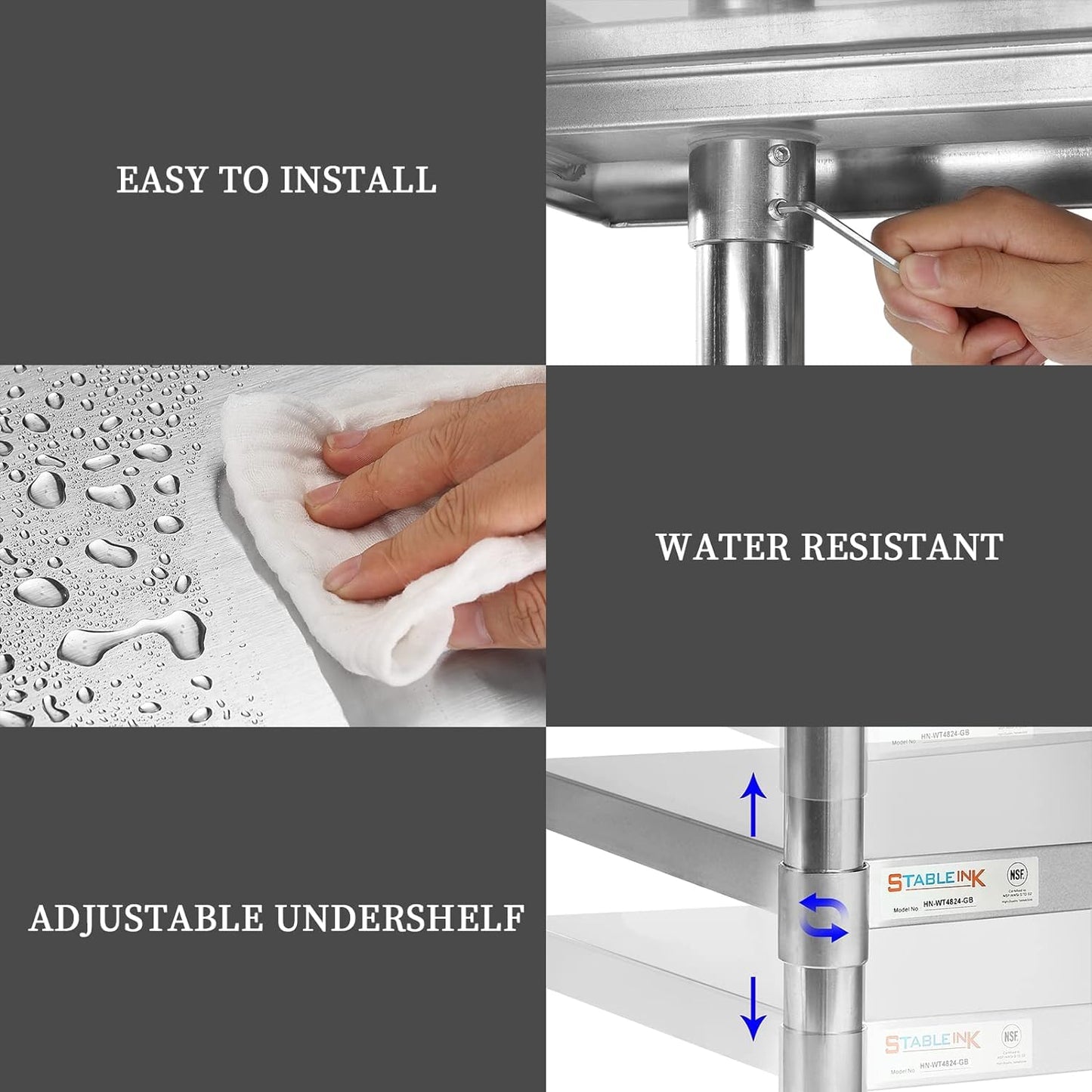 STABLEINK NSF Stainless Steel Prep Table 48x24 Inches 4ft, Metal Work Table with Adjustable Undershelf, for Commercial Kitchen, Restaurant, Hotel, Laundry and Garage