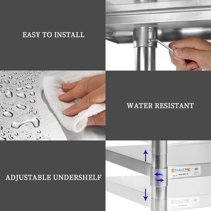 STABLEINK NSF Stainless Steel Prep Table 48x24 Inches 4ft, Metal Work Table with Adjustable Undershelf, for Commercial Kitchen, Restaurant, Hotel, Laundry and Garage