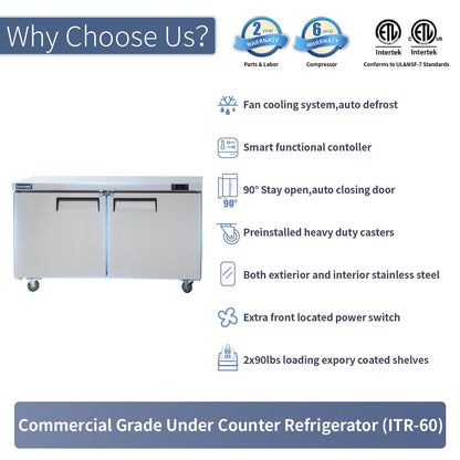 ICECASA 60" W Commercial Refrigerator Worktop Undercounter Refrigerator Double Door Stainless Steel Counter Fan Cooling Refrigerator 16.4 Cu.ft for Restaurant, Bar, Shop, etc