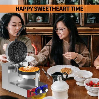 HTTSICHI Commercial Waffle Maker - Belgian Waffle Maker w/Non-stick Baking Pan and 550℉ Heating, 1200W Rotating Waffle Iron for 1.2" Thick, Stainless Steel Round Waffle Machine for Restaurant