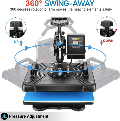 AKEYDIY Professional 5 in 1 Heat Press Machine for t Shirts Digital Heat Press Combo 12" x 15" 360-degree Swing Aweay Shirt Press Machine Sublimation Heat Press for T Shirts Mug Hat Plate