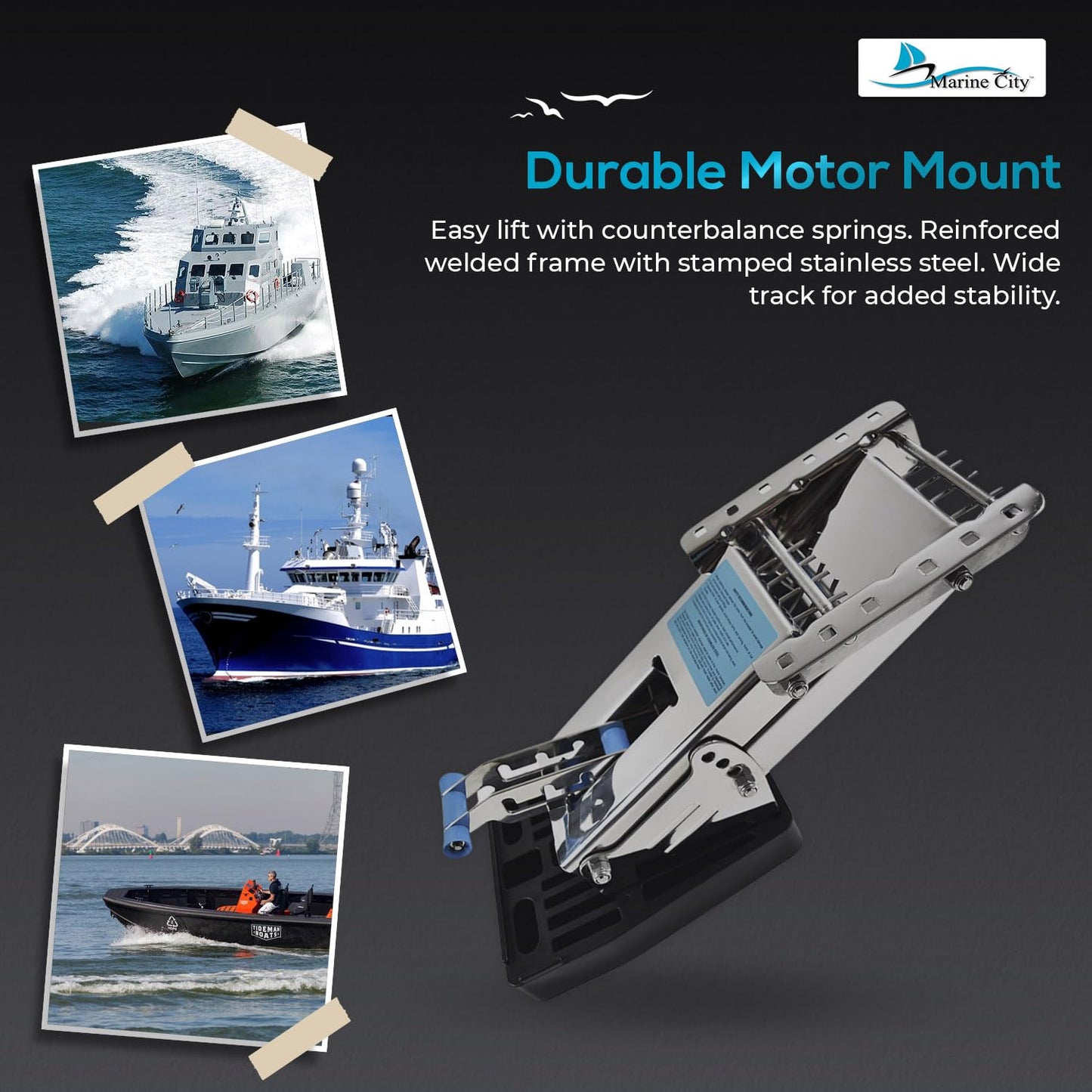 MARINE CITY Aluminum Outboard Motor Bracket, 2-Stroke, Retractable, Spring-Loaded, Up to 115 lbs, Adjustable Mount, Plastic Base, for Powerboats and Yachts (20 HP)