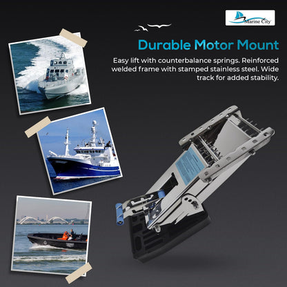 MARINE CITY Aluminum Outboard Motor Bracket, 2-Stroke, Retractable, Spring-Loaded, Up to 115 lbs, Adjustable Mount, Plastic Base, for Powerboats and Yachts (20 HP)