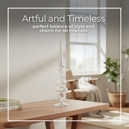 Glass Candle Holder - Taper Candle Holders for Table Decor, Dining Room or Mantel Display, Modern Disc and Sphere Design Home Decor Candle Holder – 7", Frosted Clear Glass