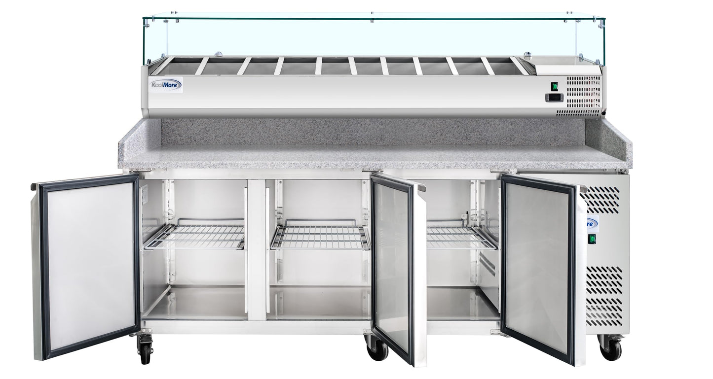 KoolMore 79 in. Three-Door Commercial Granite Top Pizza Prep Refrigerator with Refrigerated Condiment Pan Holder in Stainless-Steel (KM-RPCPS-2D79-GRT)