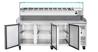 KoolMore 79 in. Three-Door Commercial Granite Top Pizza Prep Refrigerator with Refrigerated Condiment Pan Holder in Stainless-Steel (KM-RPCPS-2D79-GRT)