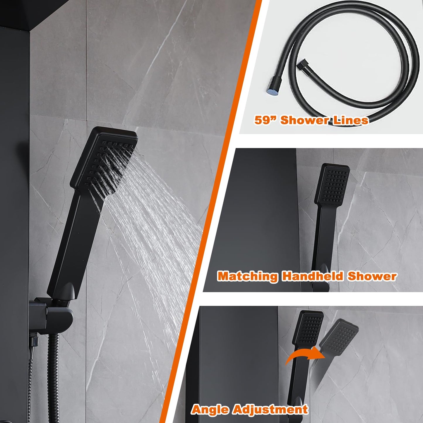RUITHOE LCD Temperature Display Rainfall Shower Panels Tower System with Storage Shelf, Matte Black LED Light 304 Stainless Steel with Handheld Massage Body Jets Water Waterfall Bathtub