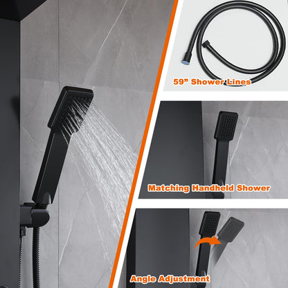 RUITHOE LCD Temperature Display Rainfall Shower Panels Tower System with Storage Shelf, Matte Black LED Light 304 Stainless Steel with Handheld Massage Body Jets Water Waterfall Bathtub