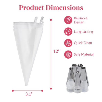 Prestee Reusable Piping Bags and Tips Set - 5 TPU 12-Inch Piping Bags with 5 Metal Icing Tips and 2 Couplers - Flexible and Durable Frosting Piping Kit for Cake Cupcake Cookie Decorating - Transparent