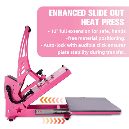 CoolSub Heat Press 15x15 Inch Slide Out Heat Press Machine, Industrial Digital Heat Transfer Machine Sublimation for T-Shirt Hot Pink