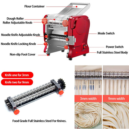 LEONEBEBE Pasta Maker Machine,Electric Noodle Maker&Dumpling Machine for Commercial&Home Use,Stainless Steel Dual-Cutter No Disassembled-3/9mm Width Noodle/Thickness Dough-Auto Noodle Sheeter