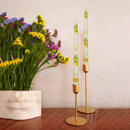 Floral Taper Candles 10 Inch Tall Unscented Handmade Beige Lemon Print Long Burning Elegant Candlesticks for Wedding Dinner Home Decor