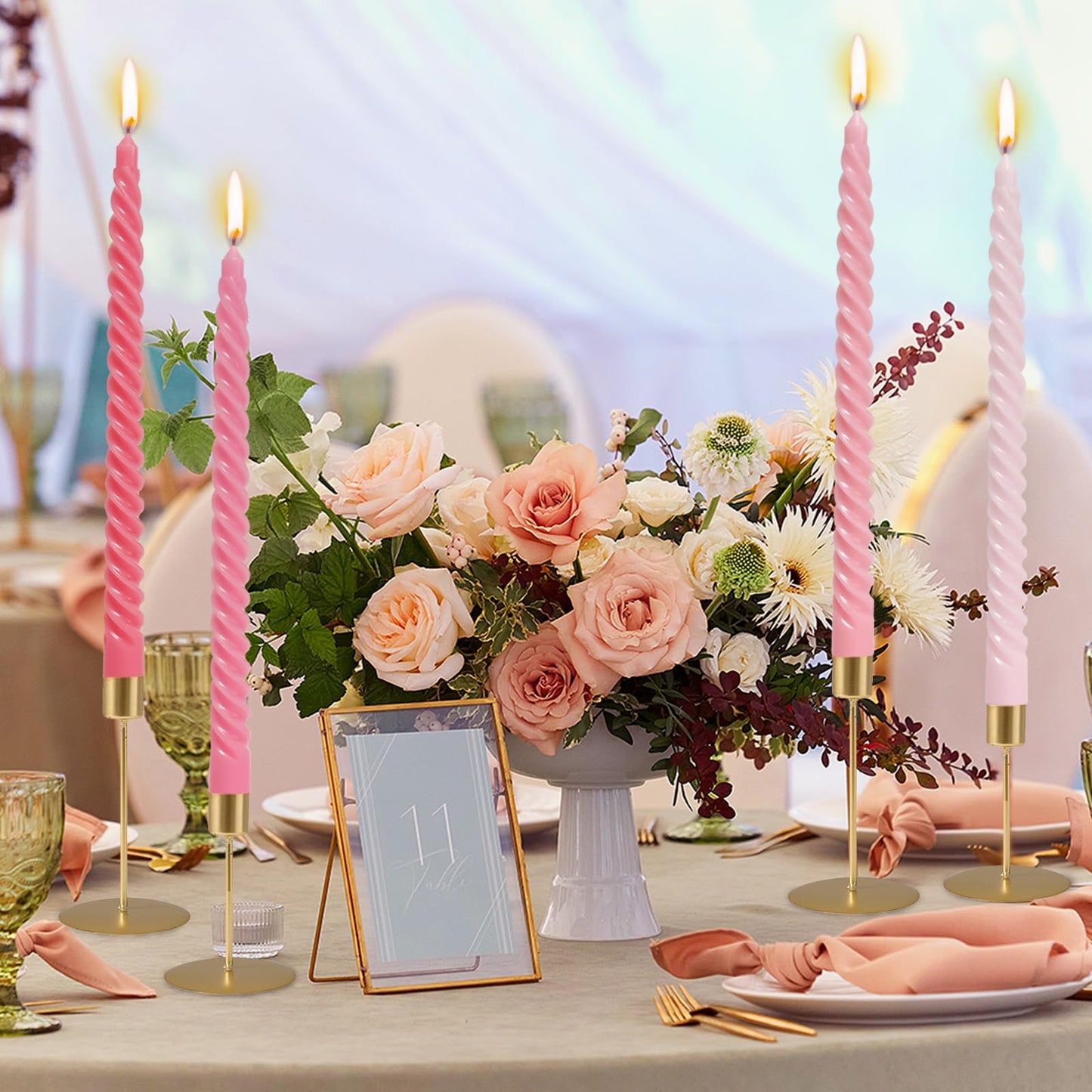 10 Inch Cream Spiral Taper Candles for Home Decoration, 4 Pack Pink-Gradient Candlesticks for Dinner Party Wedding Holiday