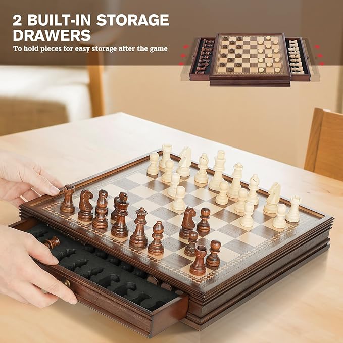 Peradix Magnetic Chess Checkers Board Sets with 2 Built-in Storage Drawers12.8 Classic 2 in 1 Wooden Games with 2 Extra Queens for Kids and AdultsTravel Portable Chess Game Set