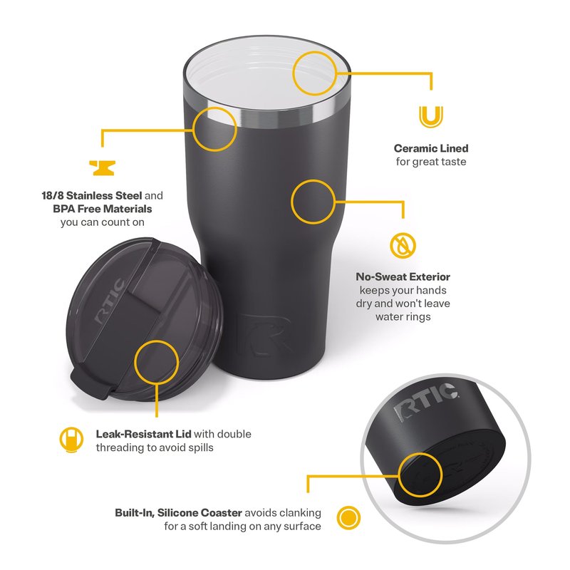 RTIC 30oz Essential Tumbler with Lid, Ceramic Lined, Insulated, Stainless Steel, Metal, Double Wall Vacuum-Insulation, Travel Cup for Iced Coffee, Tea, Hot and Cold Drink, Graphite