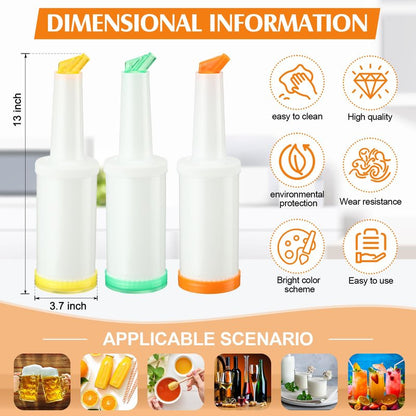 CHENGU 3 Pcs Bar Pour Colorful Juice Pouring Bottle Containers 34 oz Plastic Juice Dispensers for Bar Home Party Kitchen Supplies (Green,Yellow,Orange)