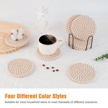 Cotton Woven Coasters with Holder - Absorbent Coasters Set of 8 for Table Protection, Home Decor, Glasses, Cups, Bar, Housewarming Gift
