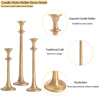 Wenbery Gold Taper Candle Holders Set of 3, Heavy Candlestick Holders Decorative Candle Stand for Table Centerpiece, Cast Iron Candle Stick Holder Decor