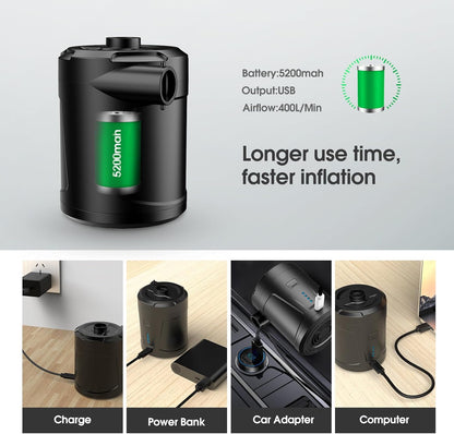 **Air Pump for Inflatables - Skiennix Electric Air Mattress Pump with 5200mAh Battery & 4 Nozzles**