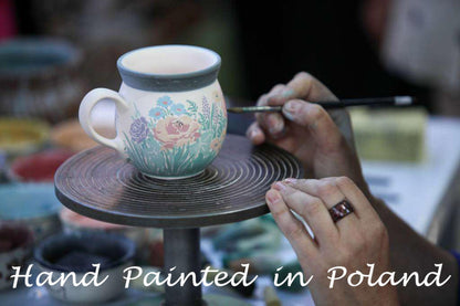 Polmedia Polish Pottery Mug 11 oz - Pansy Morning Pattern Handmade in Boleslawiec Poland by Ceramika Bona + Certificate of Authenticity