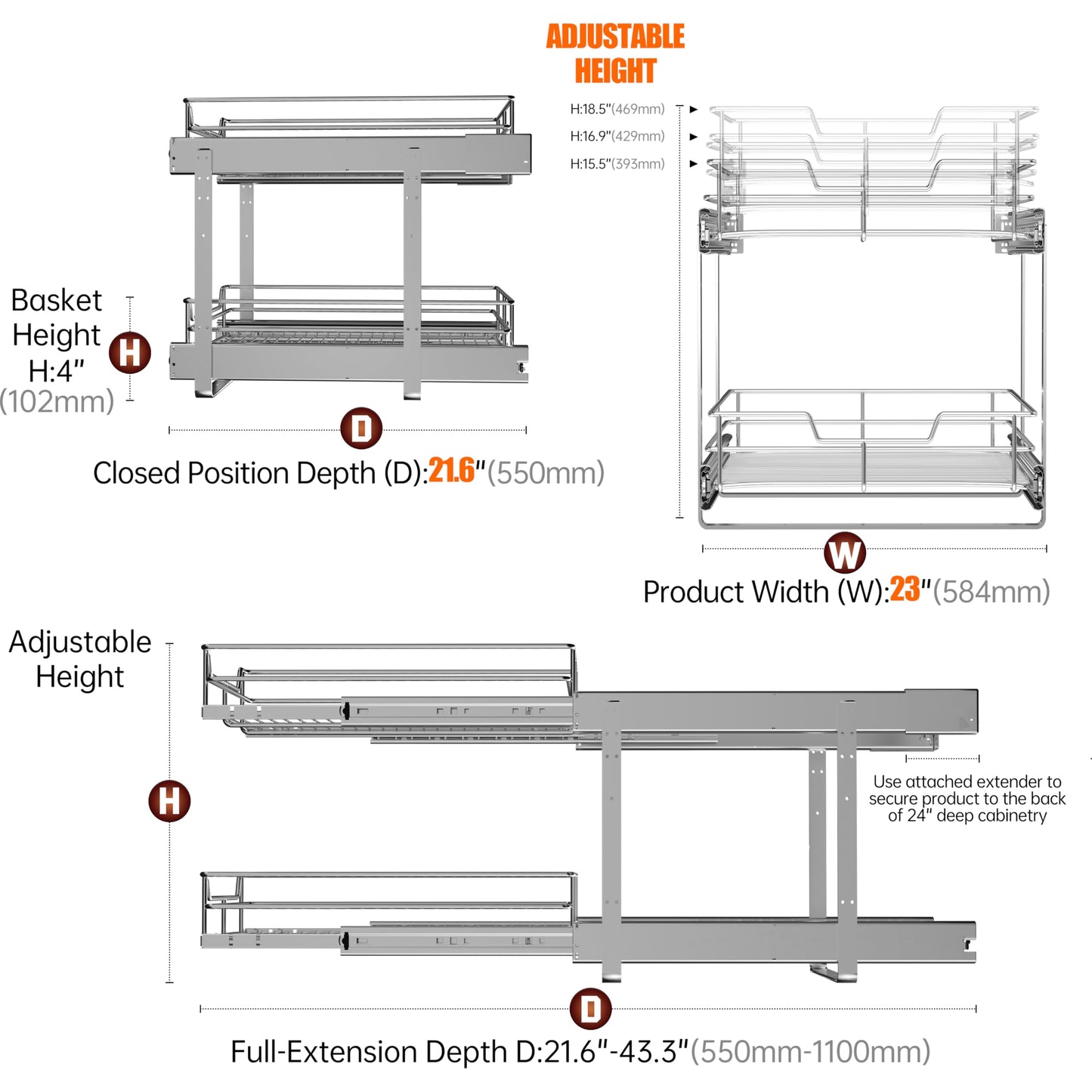 JOWBOOW (23" W x 22" D Cabinet Pull Out Shelves, 2-Tier | Heavy Duty Kitchen Pull Out Shelves for Wide Cabinets, 22 Inch Deep Sliding Cabinet Organizer