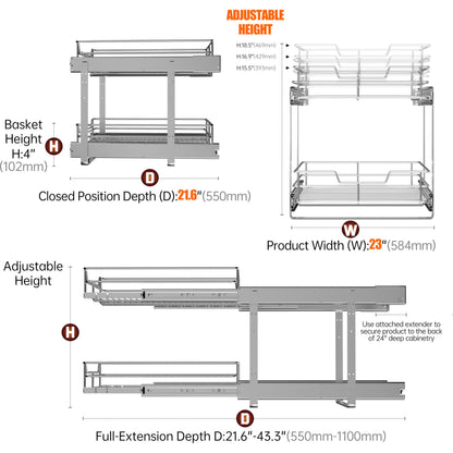 JOWBOOW (23" W x 22" D Cabinet Pull Out Shelves, 2-Tier | Heavy Duty Kitchen Pull Out Shelves for Wide Cabinets, 22 Inch Deep Sliding Cabinet Organizer