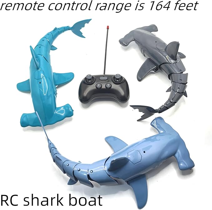 Beach and Summer Pool Remote Control Shark Boat Bath Toy RC Submarine Robo Shark Model Realistic Wiggle-Tail Electric Fish Hammerhead and Dusky Sharks (Cyan)