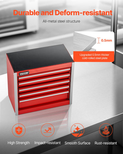 VEVOR Metal Tool Box, 8.6-inch, Portable Metal Tool Box with 5 Drawers, Small Tool Chest with EVA Liners and PP Feet Pads, Heavy-Duty Steel With Ball Bearing Opening and Powder Coated Finish, Red