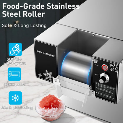 Fajiduo Snowflake Ice Machine, 176 LBS/24H Commercial Shaved Ice Machine, Rapid Cooling and 9 Adjustable Speed, Stainless Steel Snowflake Ice Maker for Home, Restaurant, Office, Party