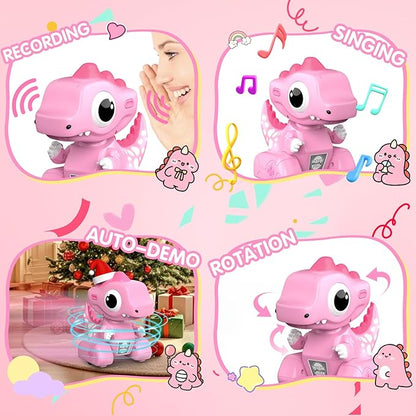 Remote Control Car Pink Dinosaur Toy 2.4GHZ Remote Control Girls Dinosaur Toys Pink RC Drifting Car Recording and Repeating LED Lights Eyes Music RC Cars Toys for Kids Boys Birthday Gift