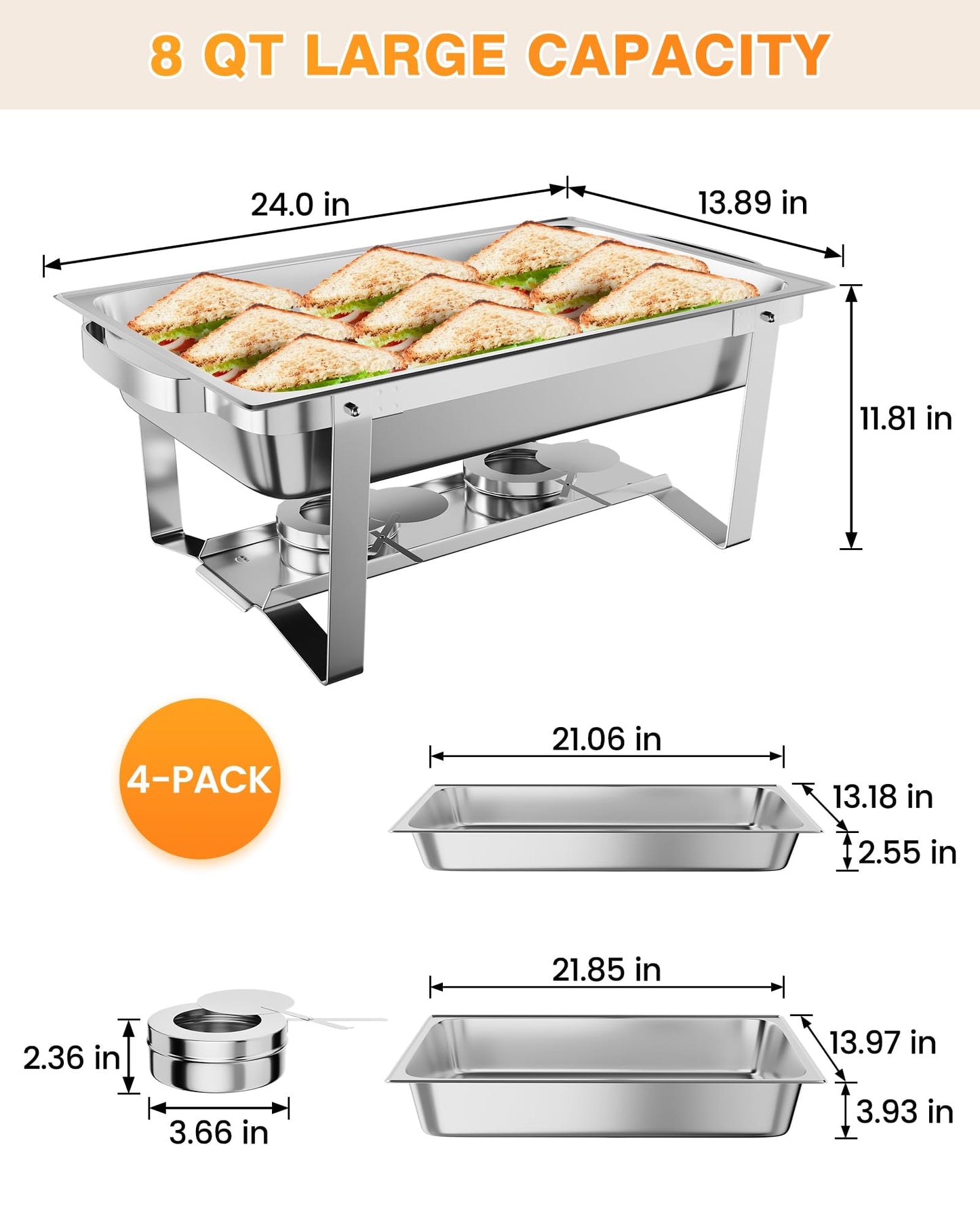 IDEALHOUSE 4-Pack Buffet Chafer Set, Thickened Stainless Steel Food Warmer, 8QT Rectangle Chafing Dishes with Lids & Foldable Frame for Catering & Large Events