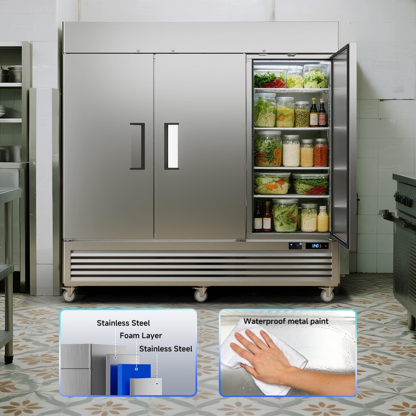 VEECOOL 72 cu.ft Commercial Refrigerator WiFi-Enabled, 82" Two Section Full Door Stainless Steel Reach in Refrigerator, LED Lighting, App and Digital Control, R290 Refrigerant, ETL&ETL Sanitation