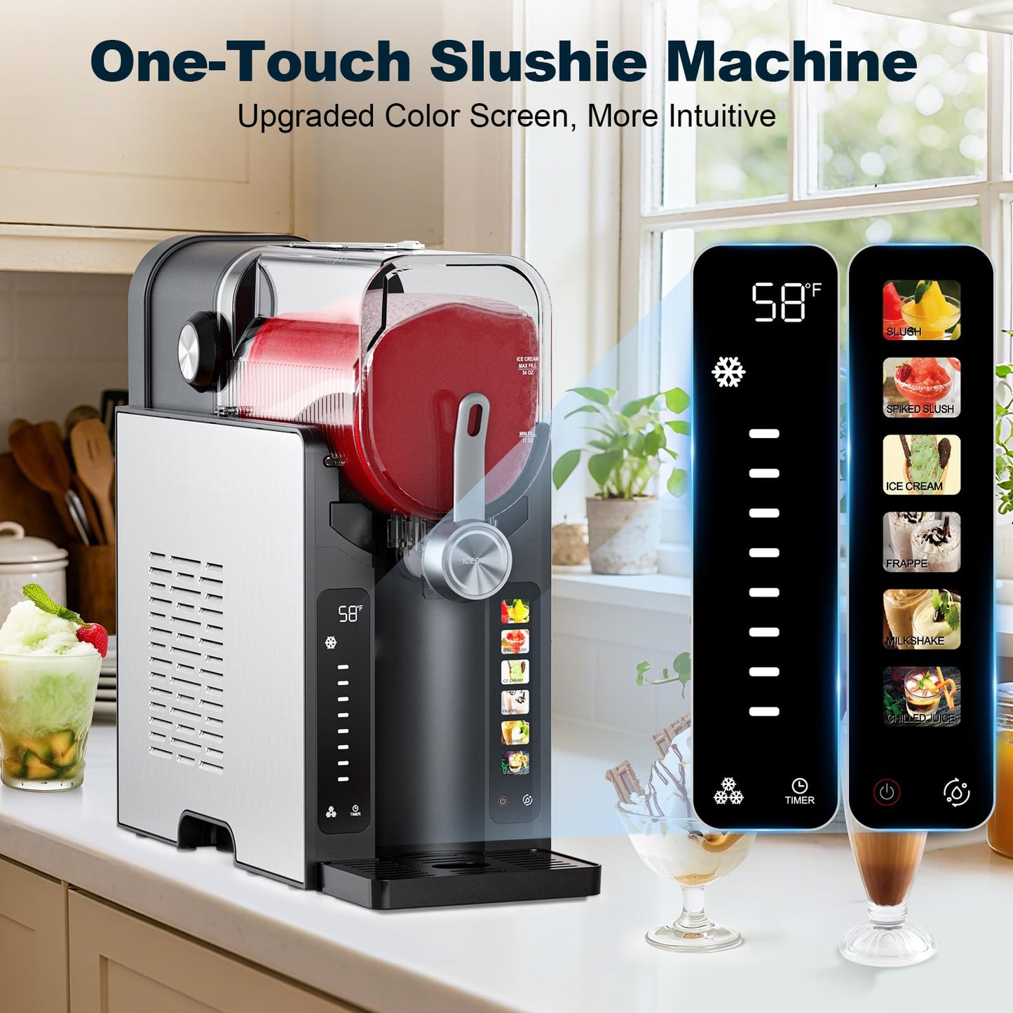Slushie Machine,No Ice Needed Slushy Machine for Home,6 Preset,Real-Time Temp Display,Auto-Clean,Frozen Margaritas,Cocktails,Frappés,Ice Cream,Smoothies,Milkshakes,Summer Parties