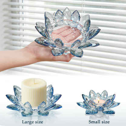 Kolnlala Large Crystal Lotus Tealight Candle Holder for Up to 6" Diameter Pillar Candlestick, Chunky Glass Votive Stand for Wedding, Party, Table Centerpiece Decor and Yoga Meditation (1, Blue)