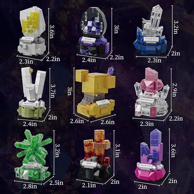Mineral Display Building Blocks Set 794pcs 9 Pack Gemstone Models Crystal Rock Collection STEM Geology Bonsai Gems Home Office Decor Compatible with Lego for Kids Adults Boys Girls 6+