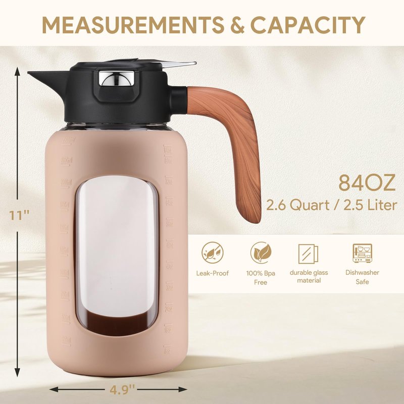 84 oz/2.5 Liter Glass Pitcher with Lid and Handle, Glass Carafe/Jug for Hot/Cold Water, Large Iced Tea Pitcher for Coffee, Juice and Homemade Beverage