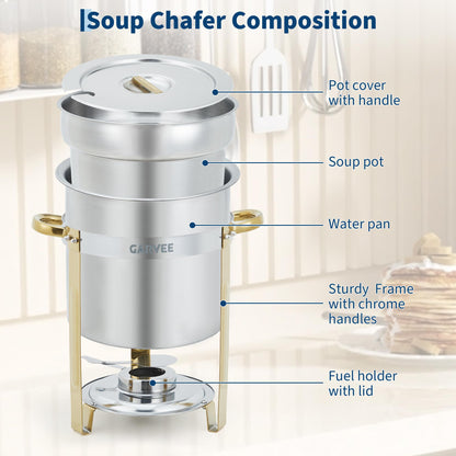 7QT Commercial Soup Warmer, 2 Pack Stainless Steel Round Soup Chafer with Pot, Notched Lids & Fuel Holders, Food Warmer for Buffets Parties Wedding Banquets Catering, Gold