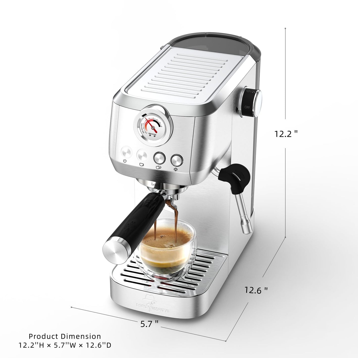 MAttinata CM1663 Espresso Machine, 20 Bar Compact Coffee Maker with Milk Frother Steam Wand for Cappuccino, Latte, Professional Pressure Gauge & 49oz Removable Water Tank for Home，Stainless Steel