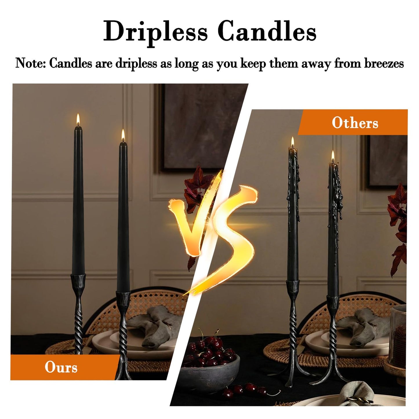 12Pack 10inch Black Taper Candle-Unscented and Smokeless-8hours Long Burning time,Dripless,Ideal for Halloween Taper Candles, Weddings, Dinner,Parties