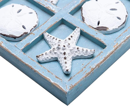 NIKKY HOME Beach Decor Tic Tac Toe Wood Board Travel Game for Family Starfish Sand Dollar Coastal House Coffee Tables Decor 8.98 by 8.98-in Rustic Blue