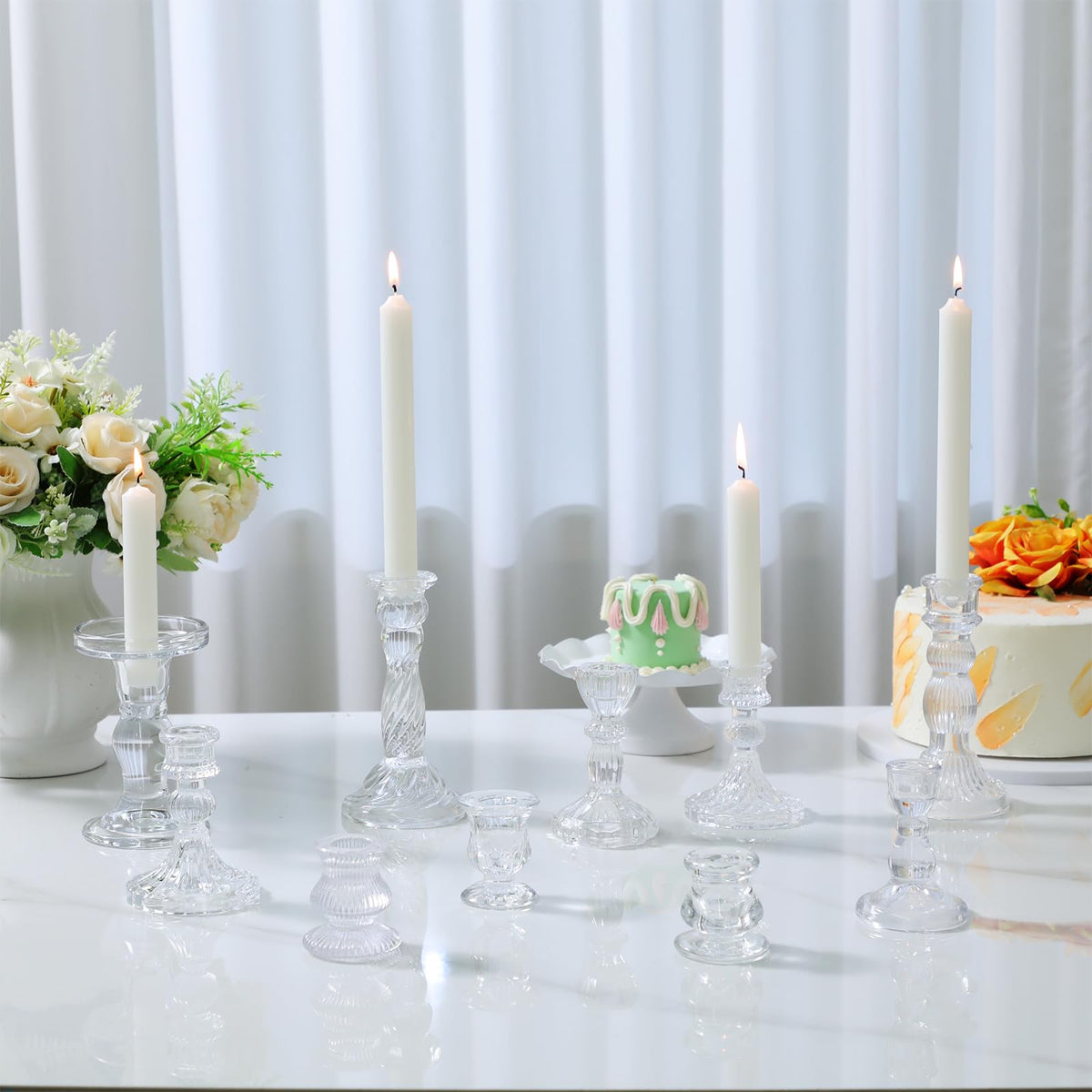 Mumufy 10 Pcs Glass Crystal Taper Candle Holders Clear Glass Candlestick Holder Fit 0.8 Inch Candles Crystal Decorative Candle Stand Centerpiece Table Wedding Dining Party (Classic,Clear)