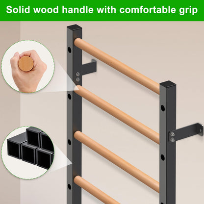 Kipika Gymnastic Wood Stall Bar - 2"x2" Swedish Ladder with 1" Hole, Wall Mounted Ladder Suspension Trainer, Solid Wood Grips Gymnastics Training Bar for Home, Wall Gym, School & Clinics