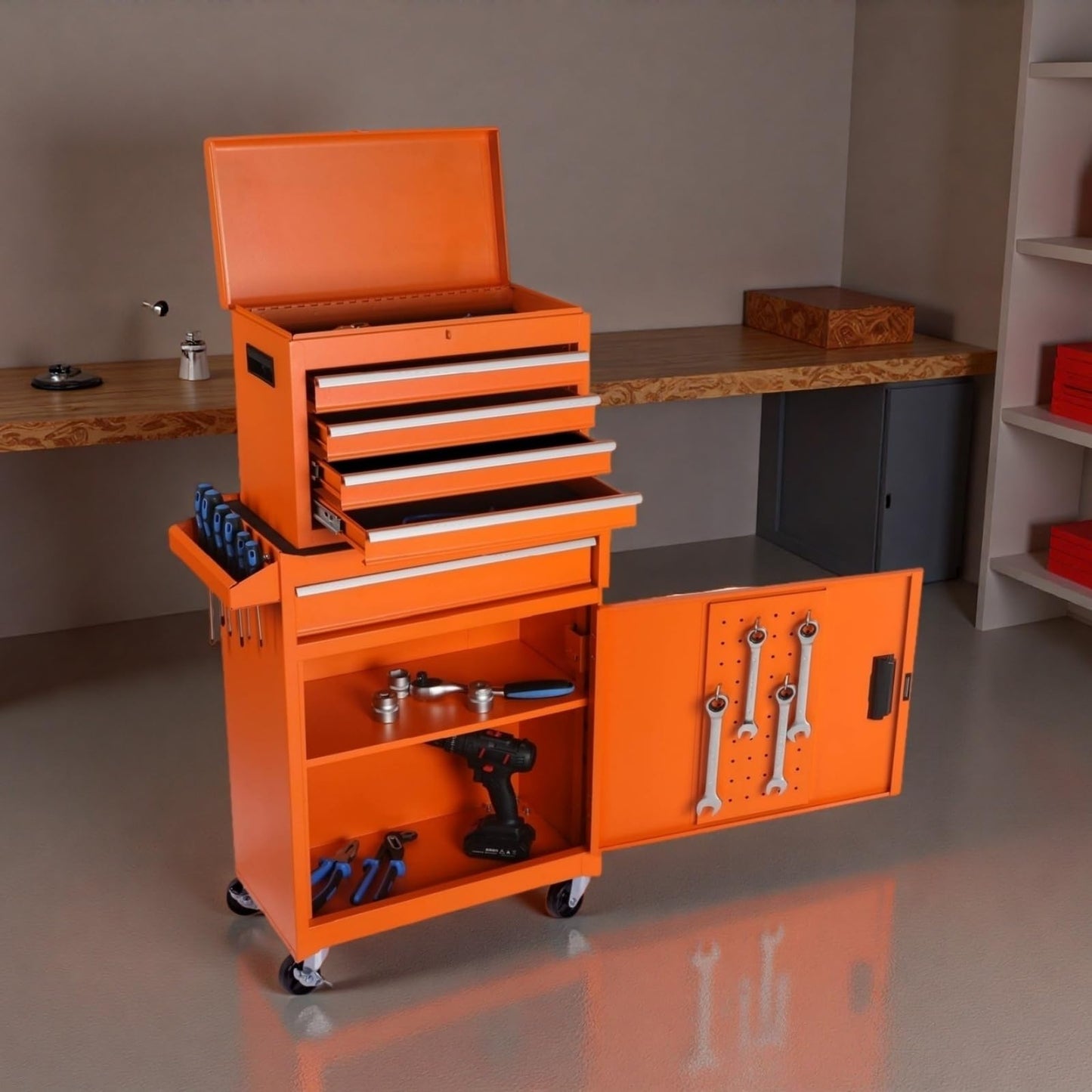 Trygoal Tool Chest, 5-Drawers Rolling Tool Storage Cabinet with Detachable Top, Adjustable Shelf, Lockable Wheels & Locking Mechanism, Multifunctional Tool Cart for Garage Warehouse, Orange