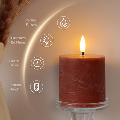 Brown Flameless Pillar Candles with Remote, Real Wax LED Candles Set of 3 (3x3Inch), 3D Flickering Flame, Battery Operated Candles with Timer for Home Decor, Table Centerpiece, Farmhouse Fall Decor