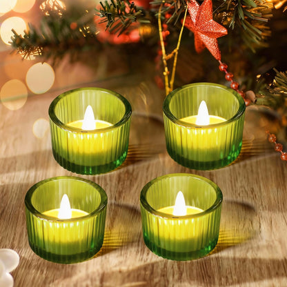 JOYIT Green Votive Candle Holders Bulk Set of 4, Tealight Candle Holder for Wedding Table Centerpiece, Glass Small Candle Holders for Birthday Party, Valentine's Day, Home Decor (2''X 1.4'')