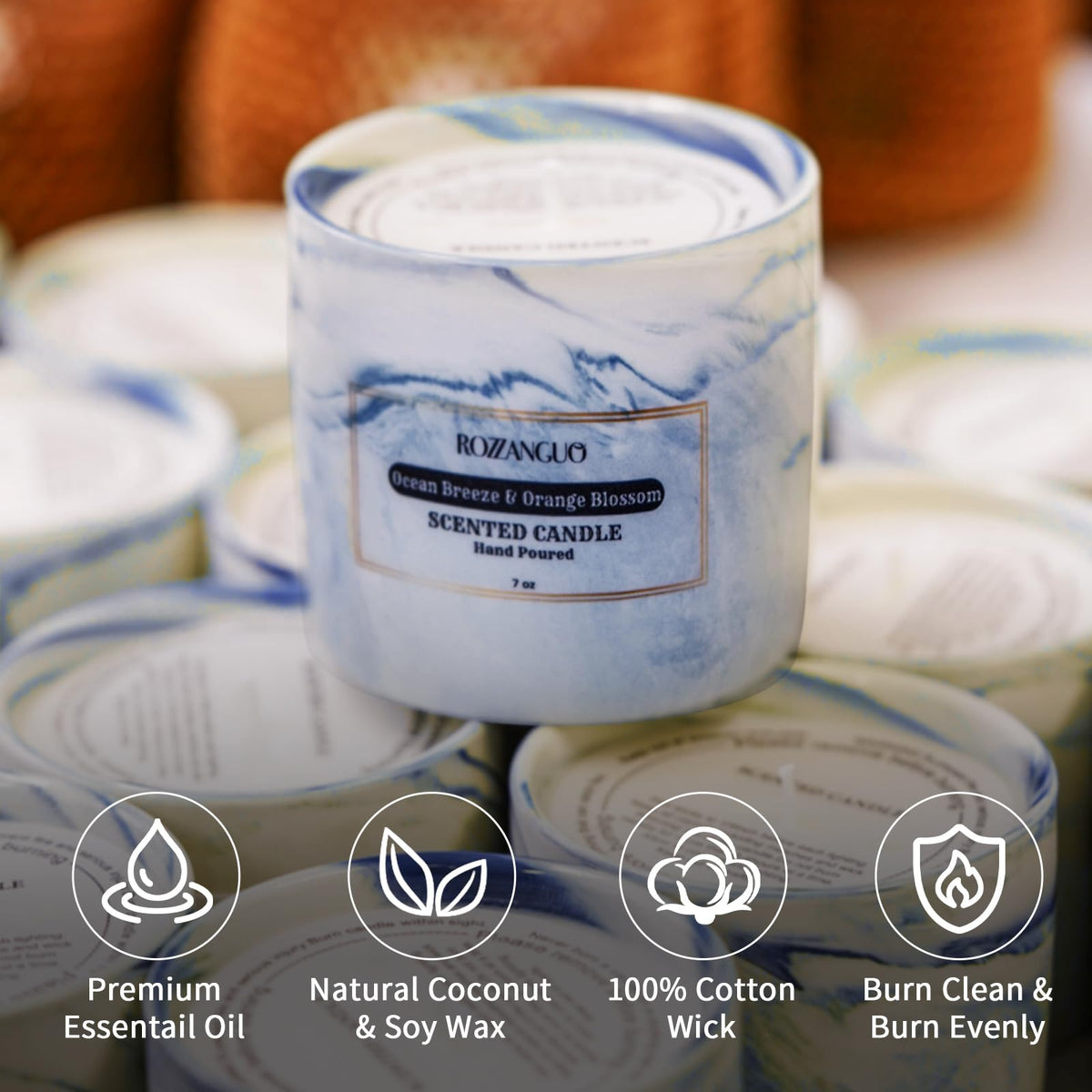 Rozzanguo Luxury Marble Jar Scented Candle | Women Men | Non Toxic 100% Natural Coconut & Soy Wax Blend Cotton Wick | Hand Poured Highly Scented Long Lasting (Ocean Breeze & Orange Blossom, 7 Ounces)