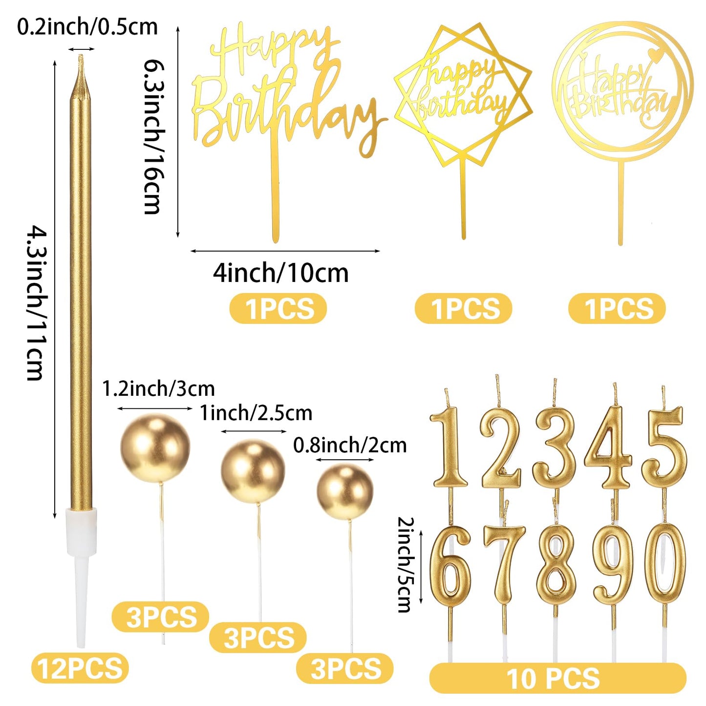 Yerliker 34 Pcs Happy Birthday Cake Toppers Decorations Birthday Candles DIY Cake Decor for Men Women Wedding Anniversary(Gold)
