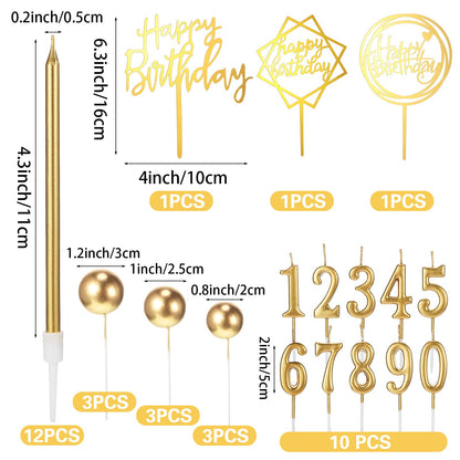 Yerliker 34 Pcs Happy Birthday Cake Toppers Decorations Birthday Candles DIY Cake Decor for Men Women Wedding Anniversary(Gold)