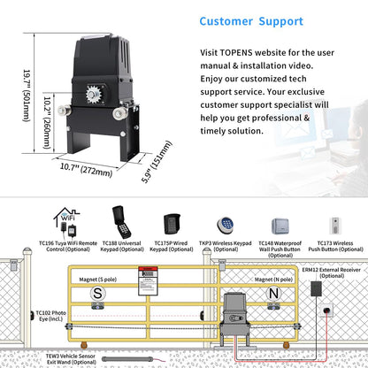 TOPENS CK2500 Automatic Sliding Gate Opener Chain Drive Electric Gate Motor for Heavy Driveway Slide Gate Up to 5700 Pounds Security Gate Operator AC Powered with 20ft Roller Chain and Remote Control