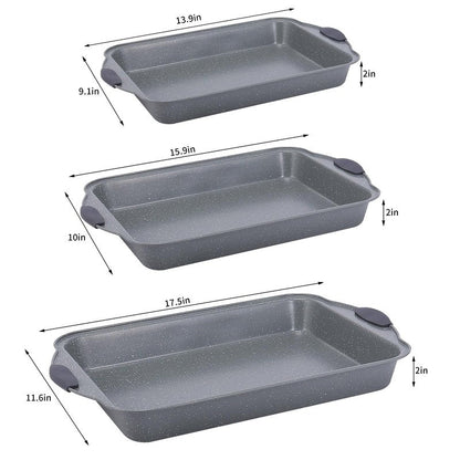 Anveena 3-Piece Nonstick Kitchen Oven Baking Pans - Premium & Stylish Non-Stick Steel, Commercial Grade Restaurant Quality Metal Bakeware with Red Silicone Handles - Easy to Clean gray